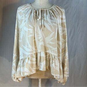 Amanda Uprichard Blouse/Top Boho Cream & Beige Leaf Print Ruffle Hem Tie Neck S👍